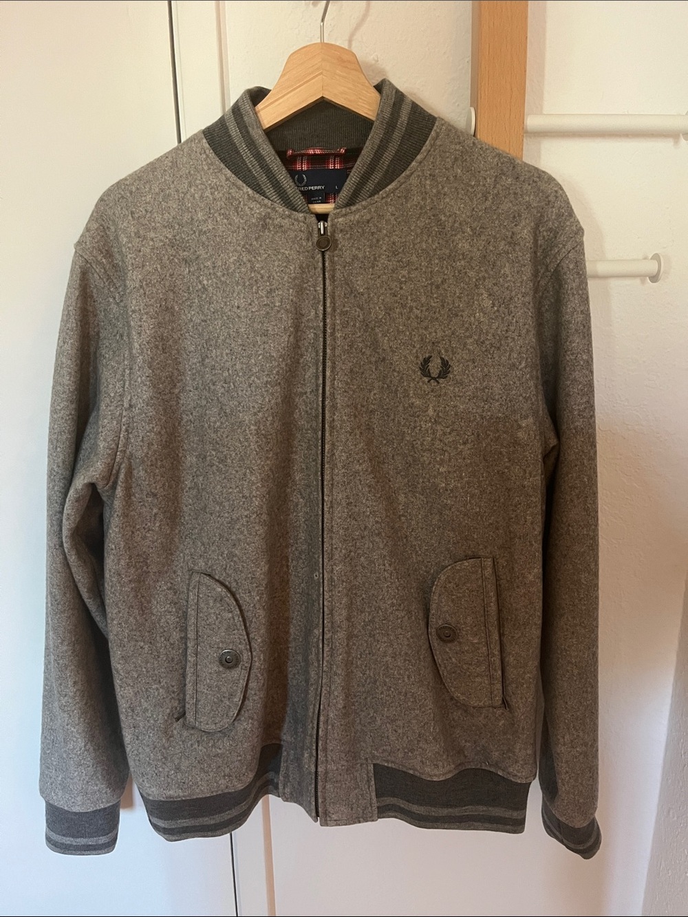 Fred Perry Gray Wool-Blend Bomber Jacket with Ribbed Trim